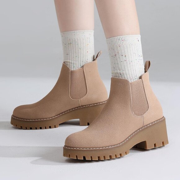 Womens Nude Faux Leather Low Wedge Heel Slip On Chunky Platform Ankle Boots - Picture 8 of 8